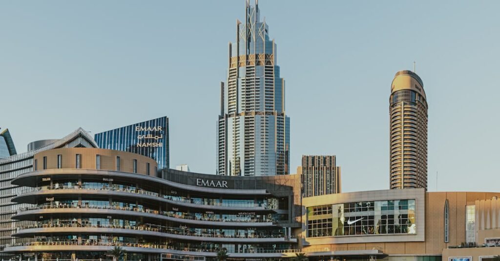 View of modern architecture with skyscrapers and shopping centers in downtown Dubai.