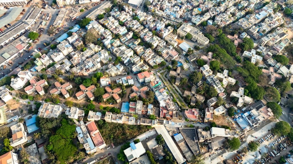 Aerial shot of a densely populated residential area in Jaipur, India.
