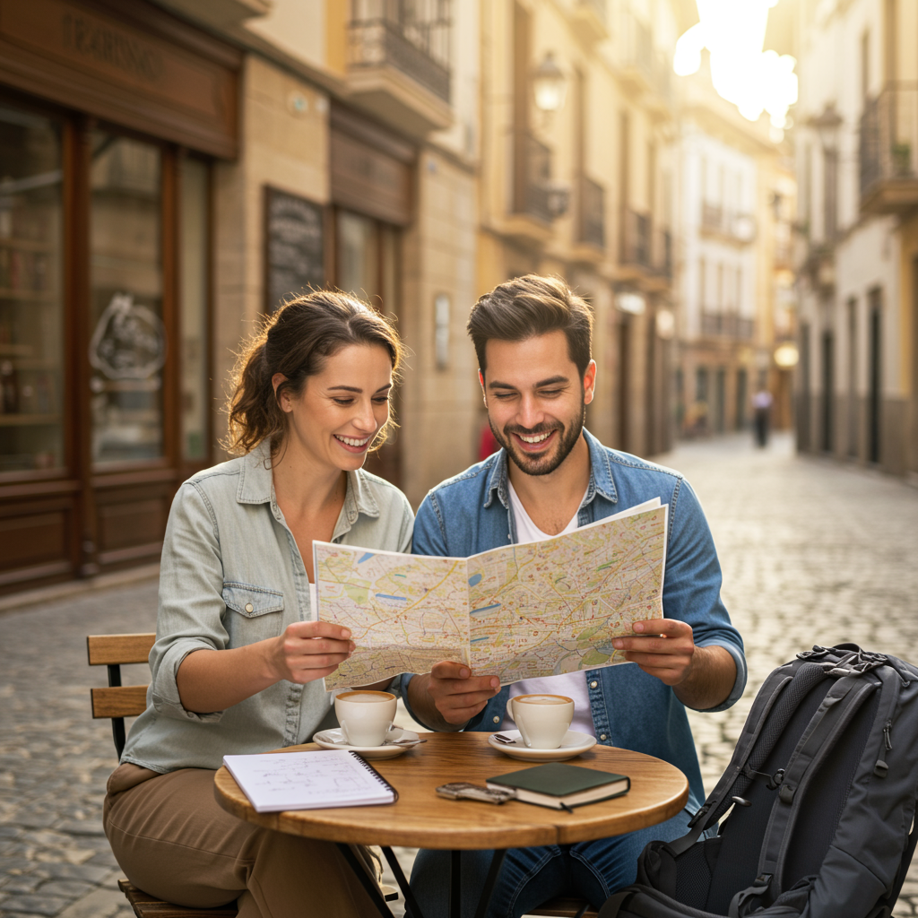 Smiling couple planning their trip at a Spanish street café for a couple's travel guide to Spain’s most luxurious secrets.-couple's travel guide