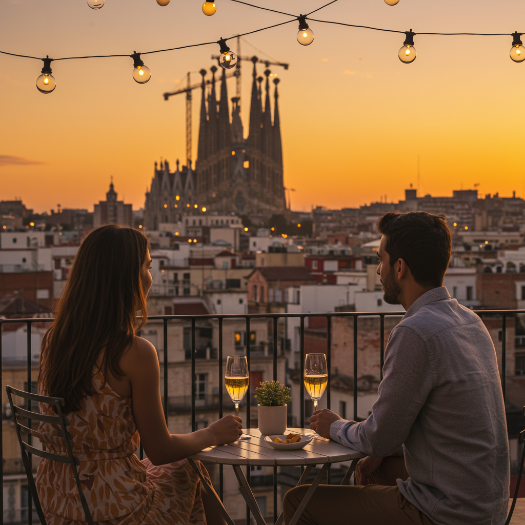 Couple enjoying rooftop sunset views of La Sagrada Familia in Barcelona from their couple's travel guide to Spain’s most luxurious secrets.-couple's travel guide