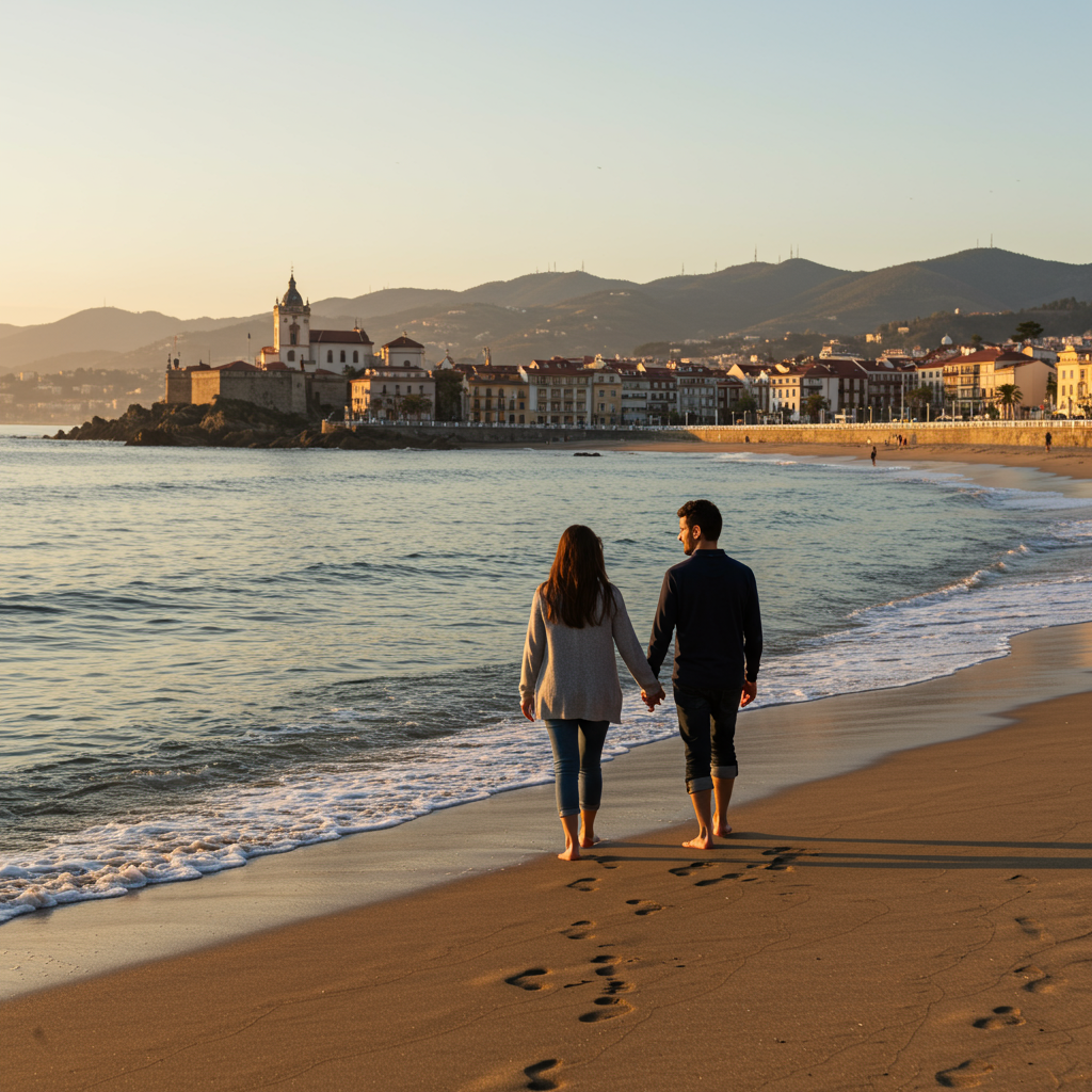 Romantic beach walk at La Concha in San Sebastián featured in the couple's travel guide to Spain’s most luxurious secrets.-couple's travel guide