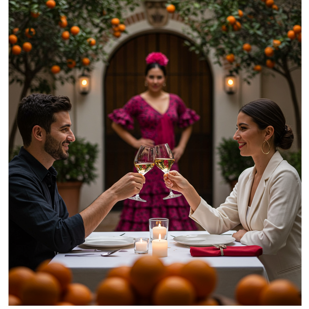 Romantic dinner with flamenco vibes in Seville captured in the couple's travel guide to Spain’s most luxurious secrets.