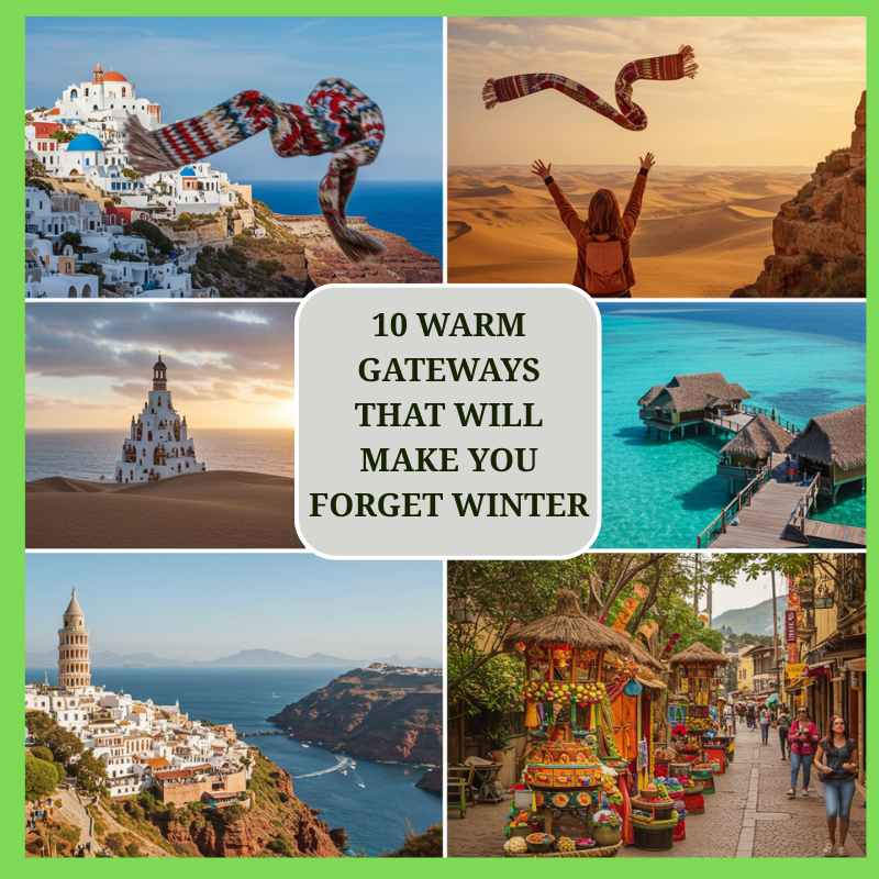 A collage showing 10 Warm Gateways That Will Make You Forget Winter