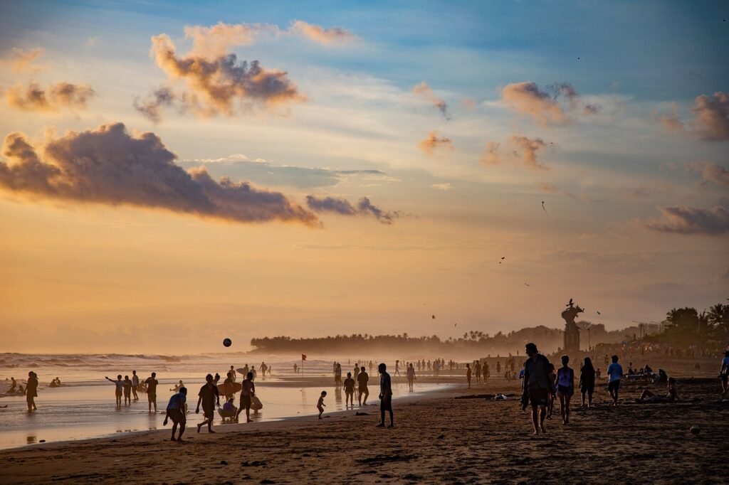 beach, dusk, people, vacation, leisure, swim, ocean, sea, water, sand, shore, seashore, coast, tropical, canggu, nature, bali, indonesia