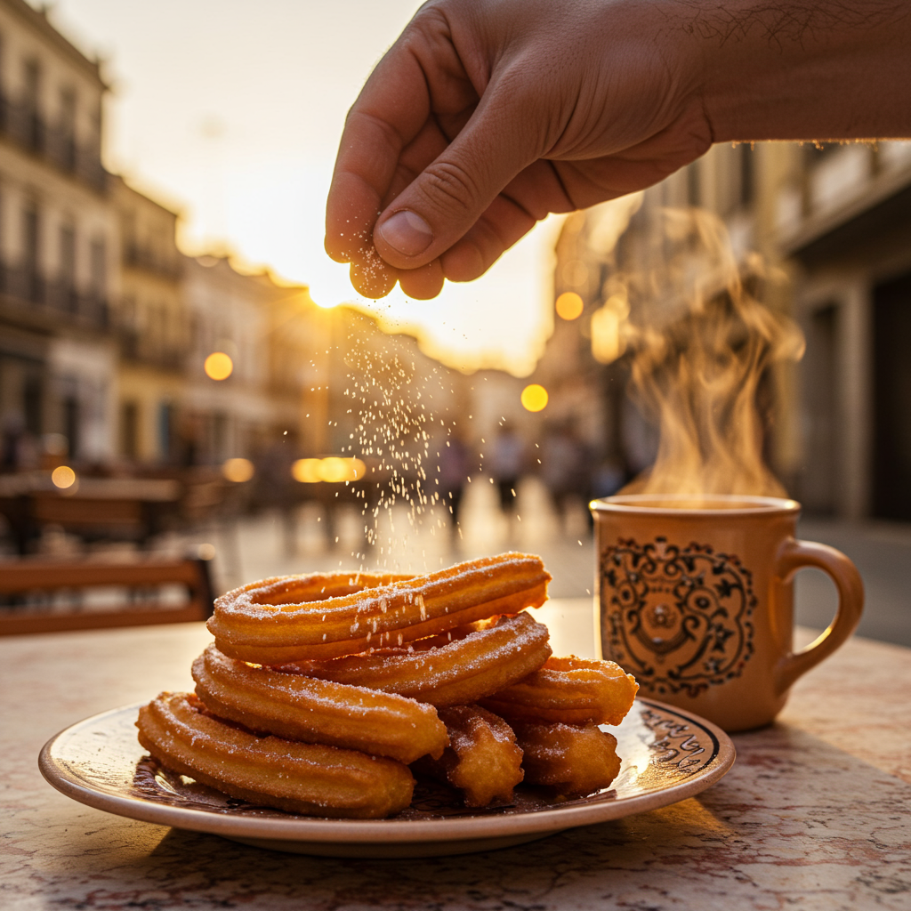 an image of A baker’s hand sprinkling sugar on fresh churros with hot chocolate, early morning in Malaga’s open-air café.