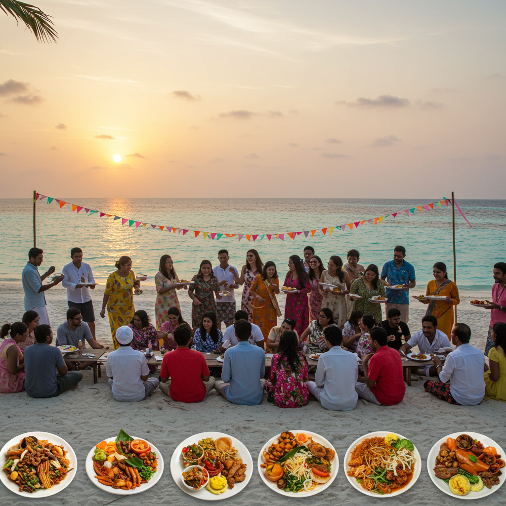 Maldivian beachside gathering for Maahefun celebration, people enjoying shared food and music, ocean in background, festive lights and joyful atmosphere.