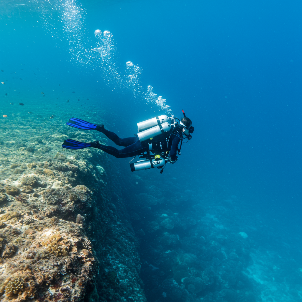 Scuba diver enjoying marine life while diving in Maldives reef paradise