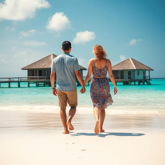 A couple strolling barefoot on a sunlit white sand beach in Maafushi, turquoise lagoon behind them, budget guesthouse visible in the background.