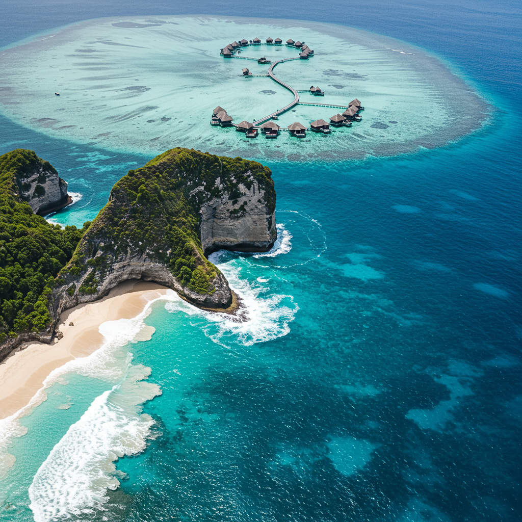 Aerial view of Bali coastline with cliffs and waves vs aerial shot of a Maldives island ringed with coral reefs and overwater bungalows, ideal for travel blog hero banner: is the Maldives better than Bali?