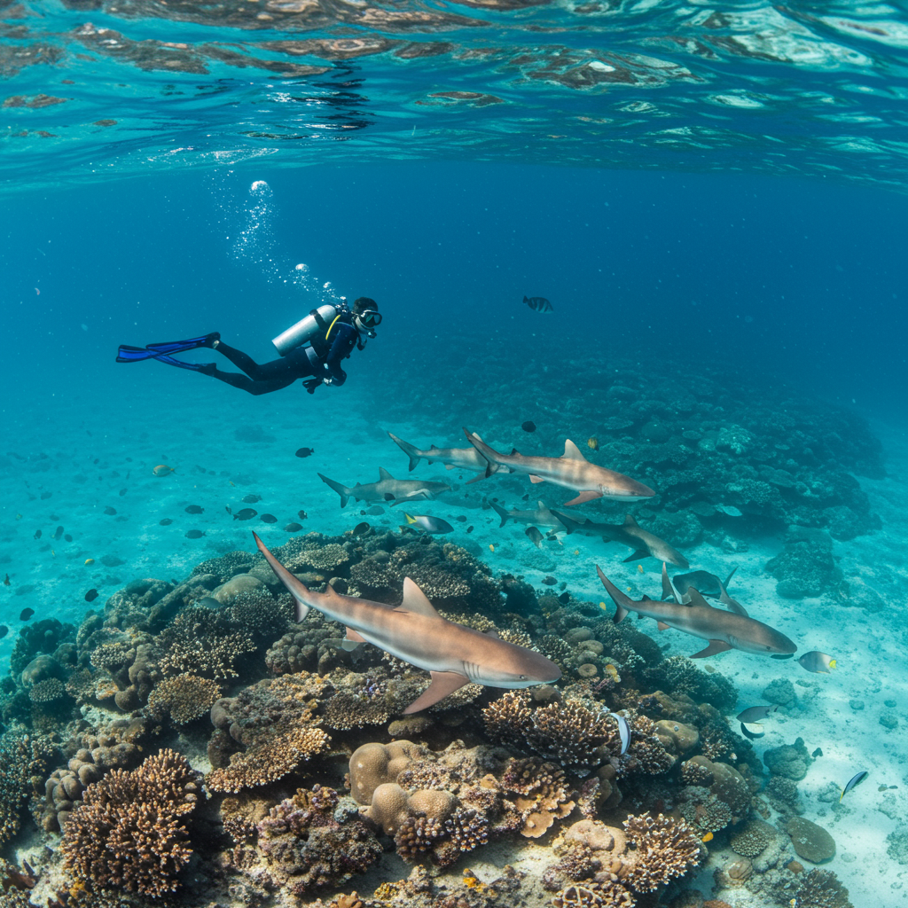 Picture depicts a diver observing a sea turtle while diving in Maldives