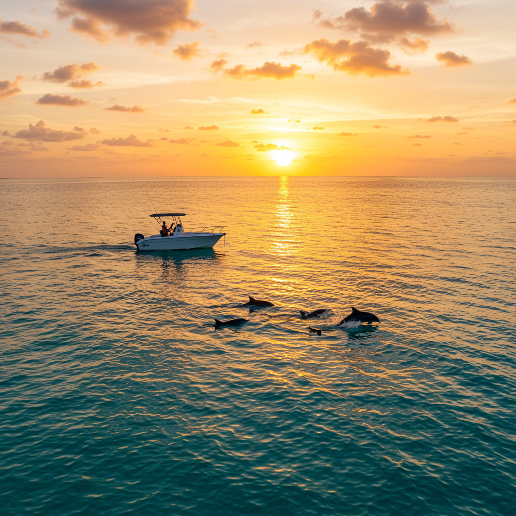 Small boat cruising at sunset with dolphins leaping out of the water in the Maldives, golden sky reflecting on ocean surface.