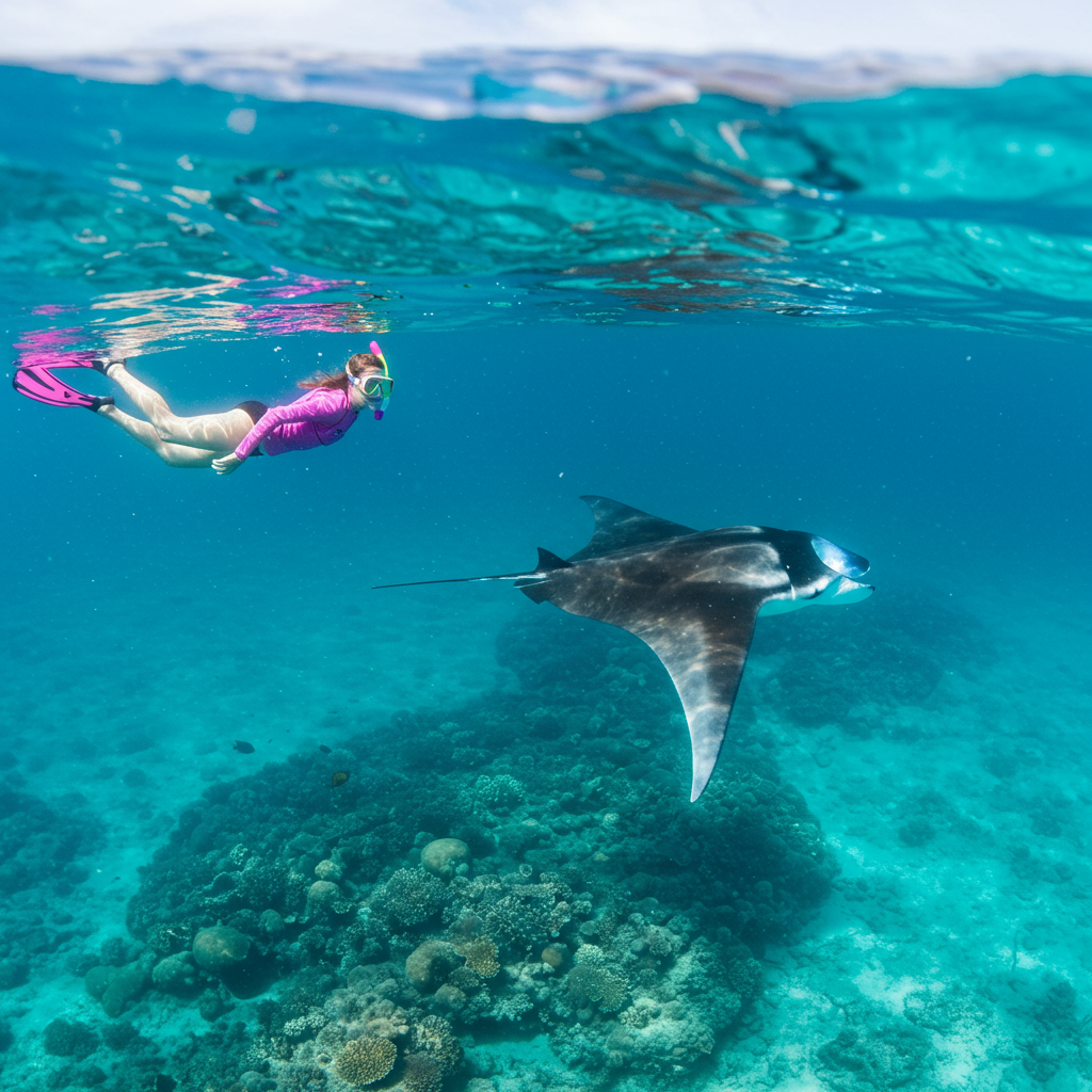 Underwater shot of snorkeler swimming alongside a giant manta ray in Maldives’ Baa Atoll, clear blue water, coral reef visible below.