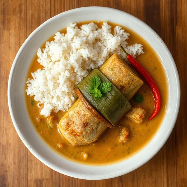 Kandu Kukulhu curry with rice and coconut – traditional food in Maldives.