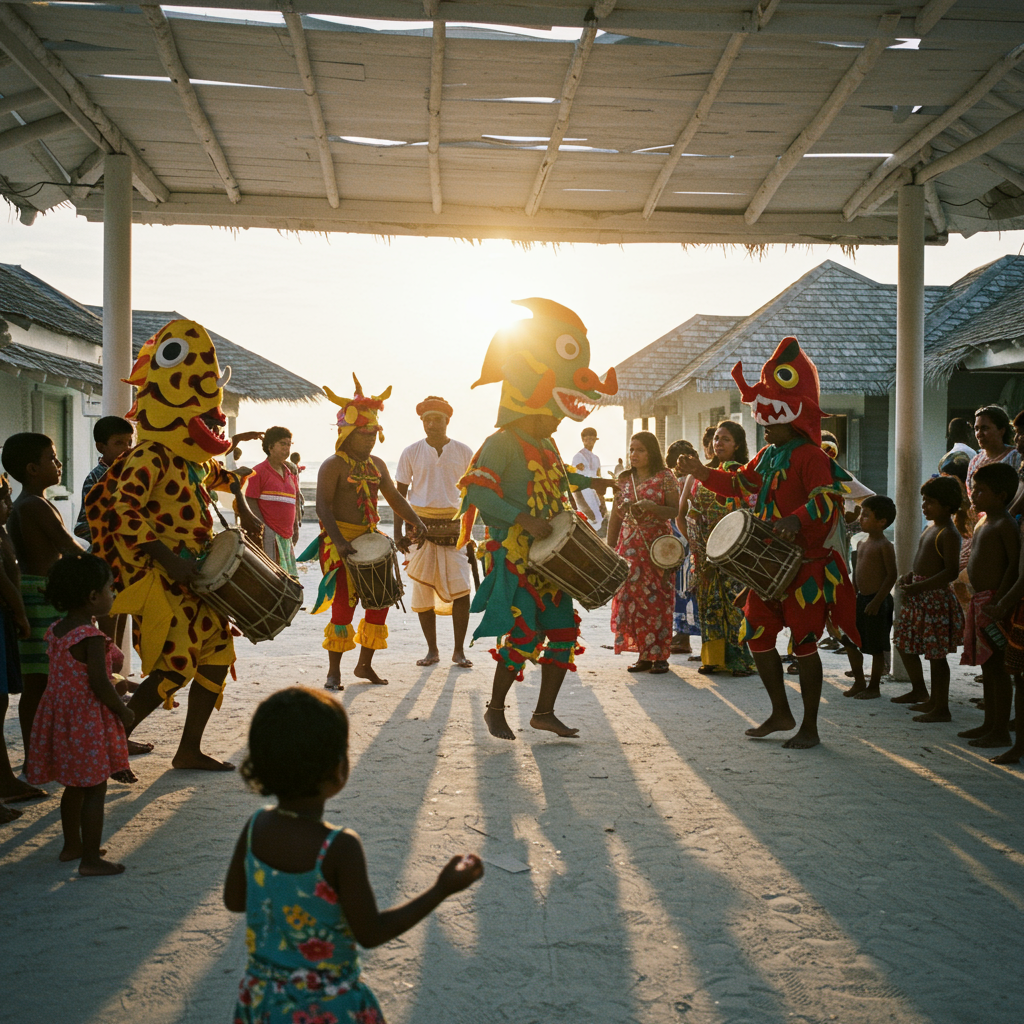Locals in colorful fish and demon costumes during Bodu Mas traditional performance on Maldivian island, dancing in streets at sunset, kids watching excitedly.
