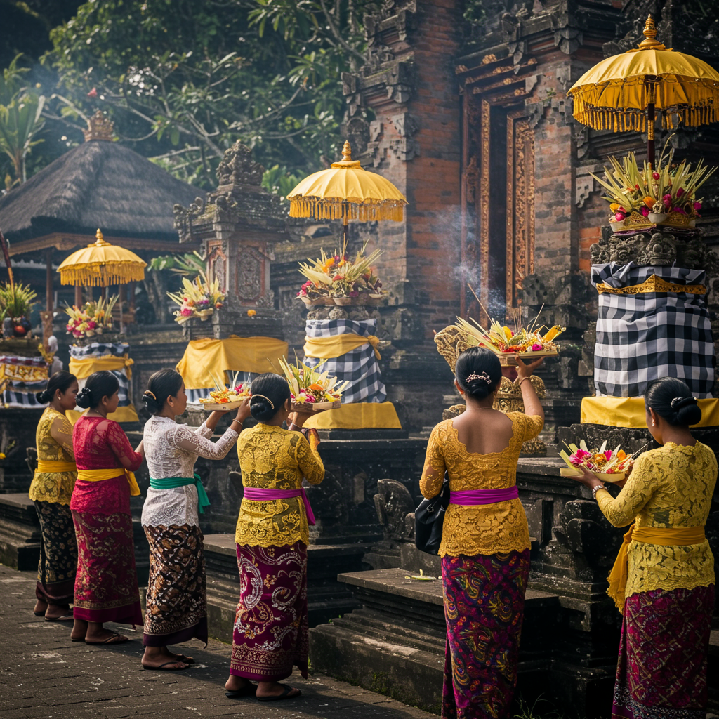Balinese women in kebaya placing flower offerings at temple shrines during Kuningan festival, incense smoke rising, vibrant cultural dress.