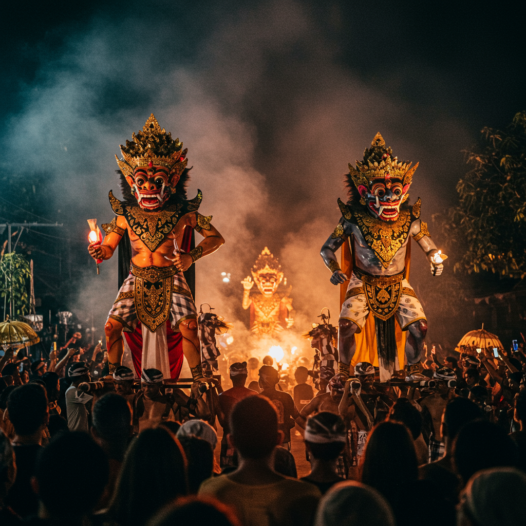 Giant colorful Ogoh-Ogoh statues paraded through Bali street at night, carried by Balinese men, crowd watching, dramatic lighting with smoke and traditional music vibes.