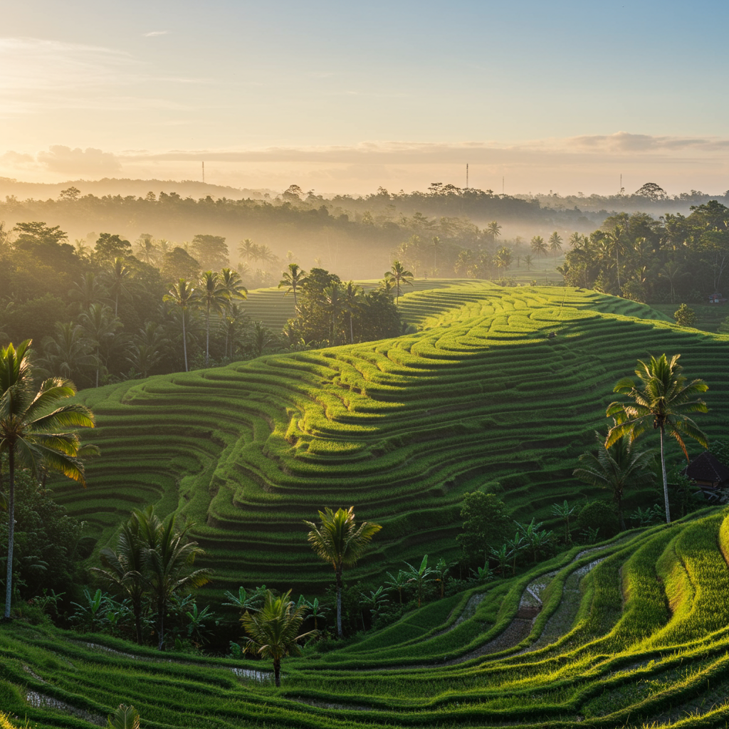 Wide view of Tegallalang Rice Terraces near Ubud, Bali, with early morning light, lush green fields in step pattern, palm trees lining the ridge.