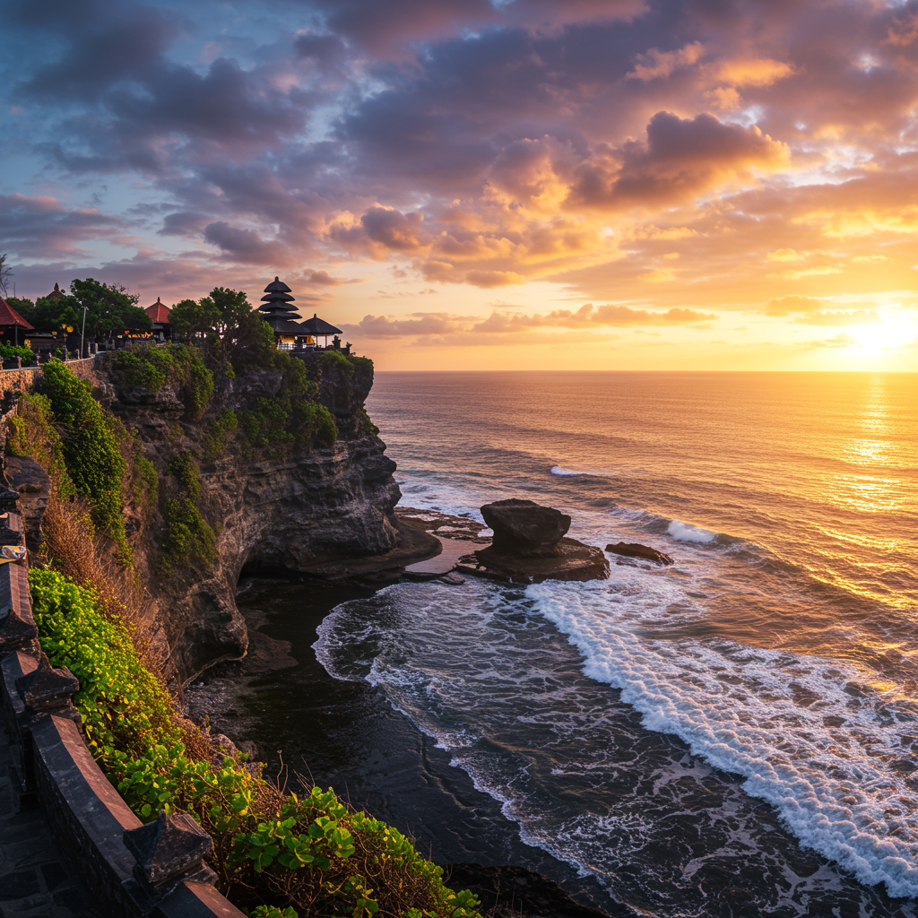 Cliffside Uluwatu Temple in Bali overlooking the Indian Ocean at golden hour, waves crashing below, glowing sky, traditional Balinese architecture.