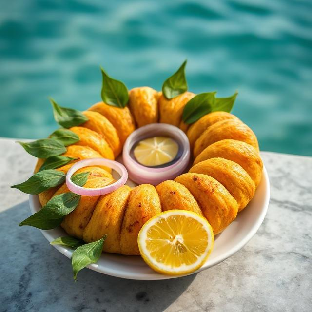 Tuna-stuffed bajiya snacks with herbs – authentic street food in Maldives.