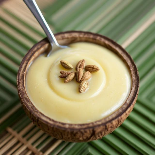Bondibaiy rice pudding in a coconut bowl – sweet food in Maldives.