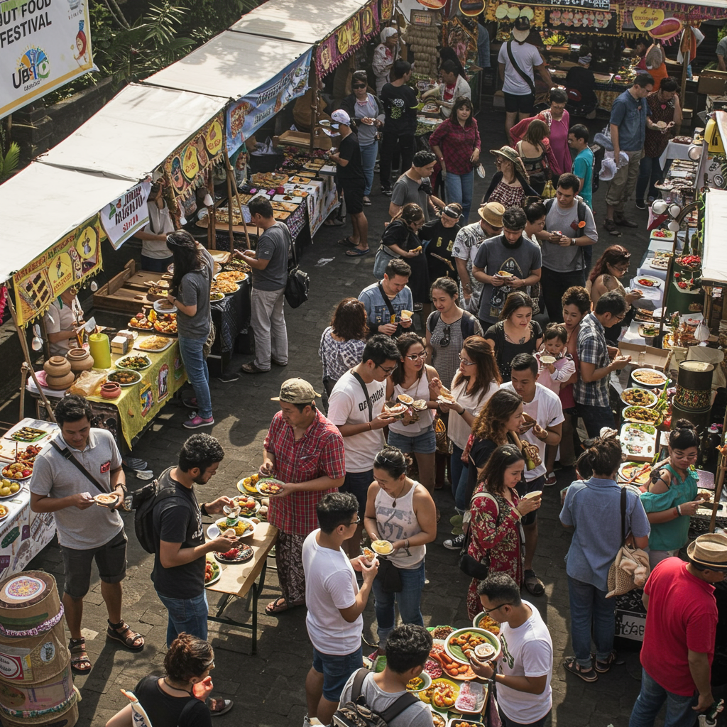 Outdoor stalls with local Balinese dishes and desserts at Ubud Food Festival, colorful plates, people enjoying tastings, sunny day and festive crowd.