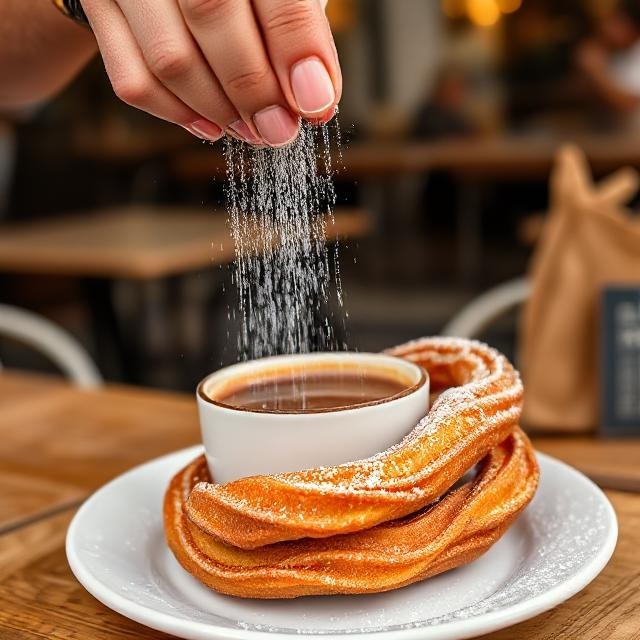 An image of A baker’s hand sprinkling sugar on fresh churros with hot chocolate, early morning in Malaga’s open-air café.