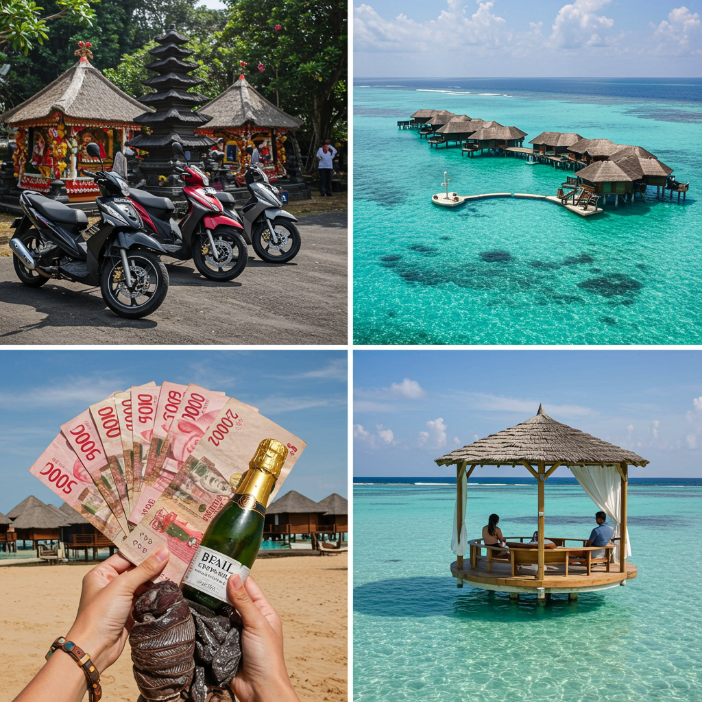 Flat-lay style collage, Indonesian Rupiah cash, Bali street food, motorbike, temples on left side; luxury Maldives resort, champagne, ocean swing, snorkel gear on right: Is the Maldives better than Bali?