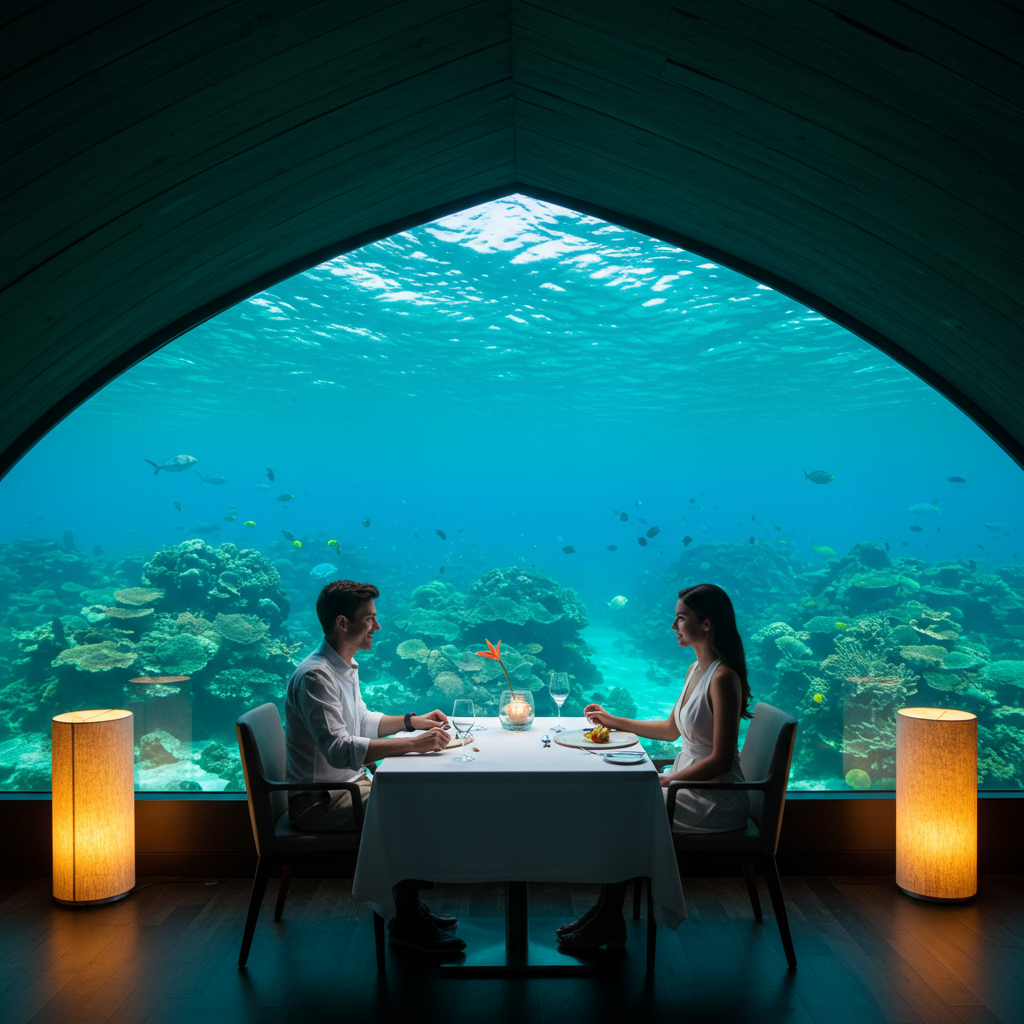 Couple dining at an underwater restaurant in the Maldives, large glass window with tropical fish and coral all around, romantic lighting.