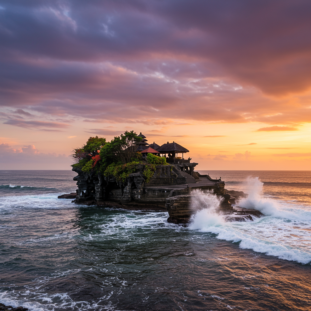 Tanah Lot Temple in Bali during high tide, temple perched on sea rock formation, waves splashing, dramatic sky in the background.