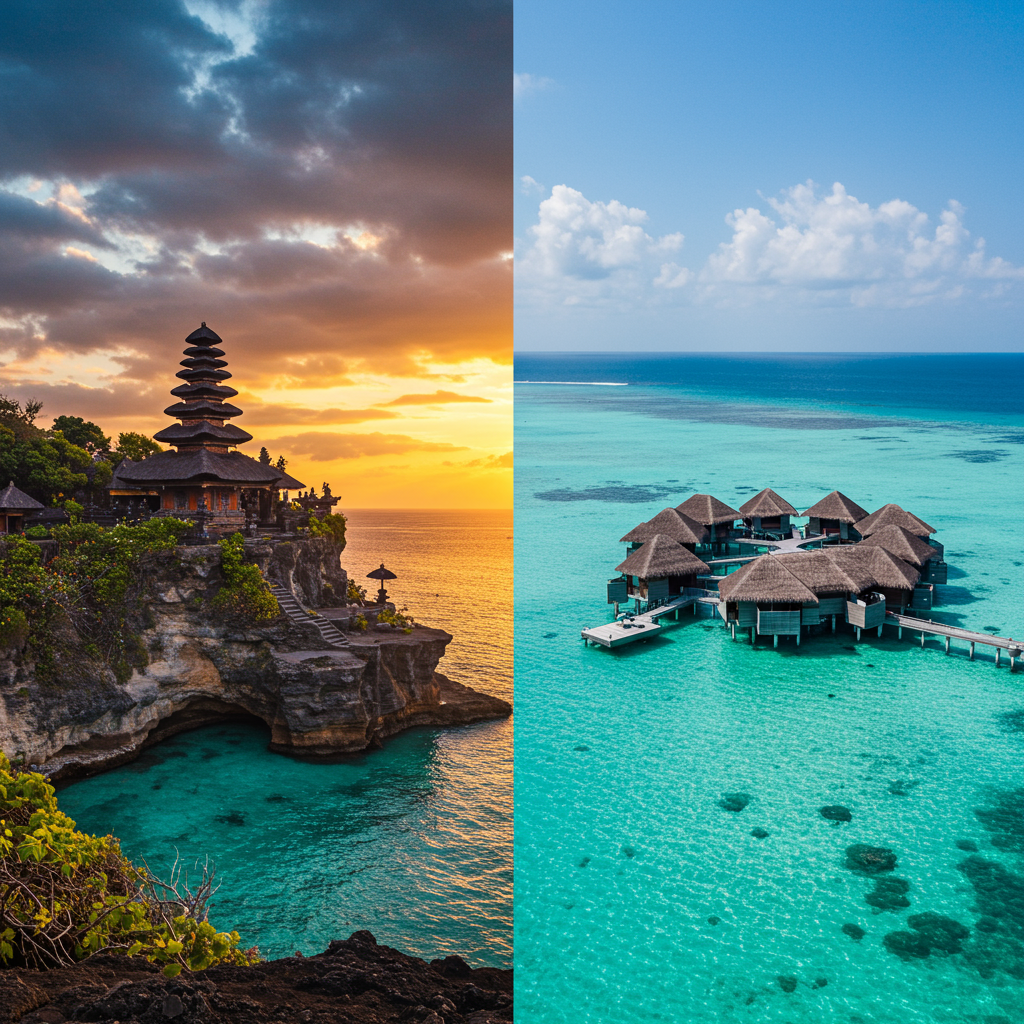 Side-by-side view of Bali’s Uluwatu Temple at sunset on one side and Maldives overwater villa with turquoise sea on the other, bright blue sky, travel blog header style
