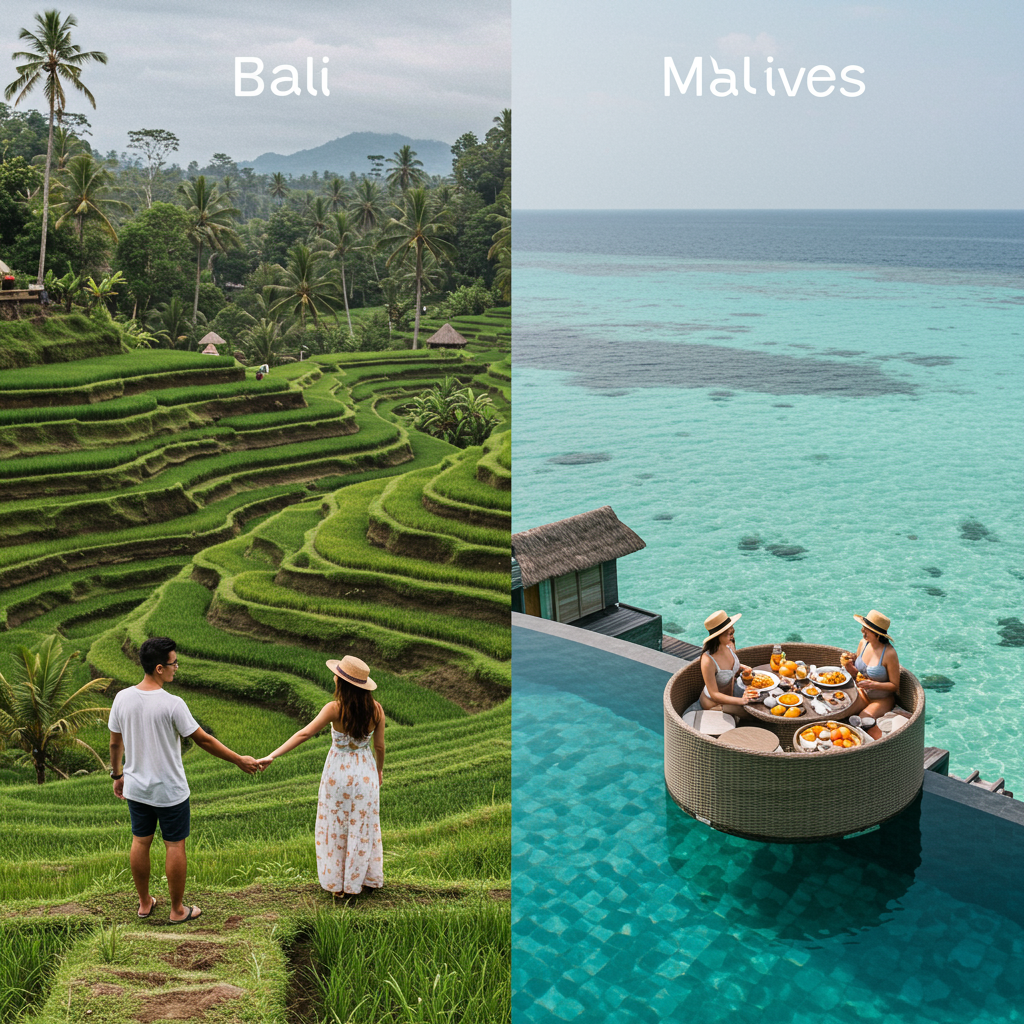 A young couple holding hands on a Bali rice terrace trail on one side, same couple enjoying a floating breakfast in a Maldives infinity pool on the other, travel lifestyle theme. Is the Maldives better than Bali?