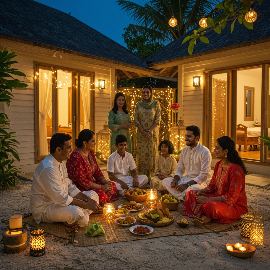 Maldivian family in festive clothes sharing a traditional Eid meal in a home courtyard, decorated with lights and palm mats, joyful family moments.