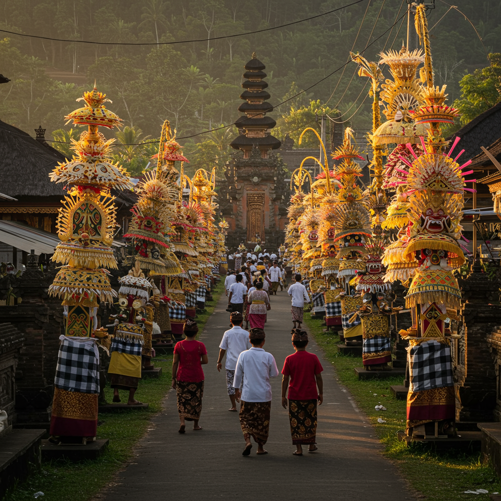 Traditional penjors (decorated bamboo poles) lining village street in Bali during Galungan, locals in ceremonial attire walking to temple, festive morning light