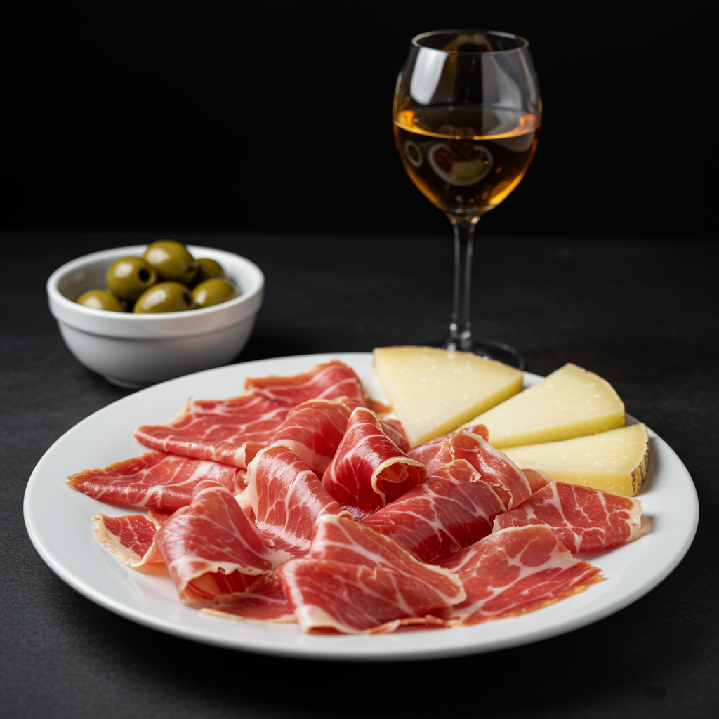 A delicately arranged plate of Jamón Ibérico, thin ribbons shimmering under soft light, with olives, cheese, and sherry on the side.