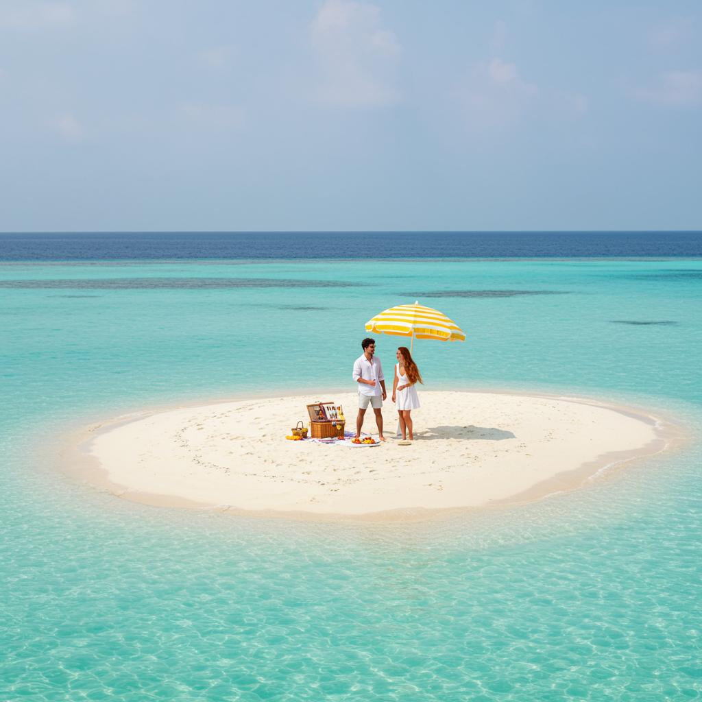 Couple enjoying private picnic on tiny Maldives sandbank surrounded by turquoise water, picnic basket and umbrella setup on white sand.