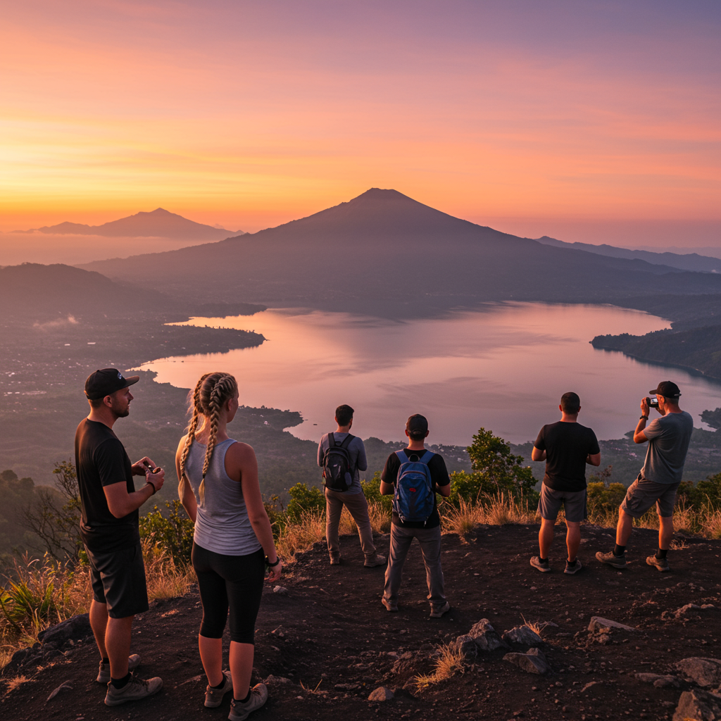 Hikers reaching Mount Batur summit at sunrise in Bali, orange-pink sky, mist rising over Lake Batur, peaceful and scenic atmosphere.