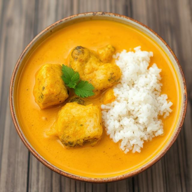Bright yellow Maldivian fish curry (Kandu Kukulhu) in a bowl with rice.
