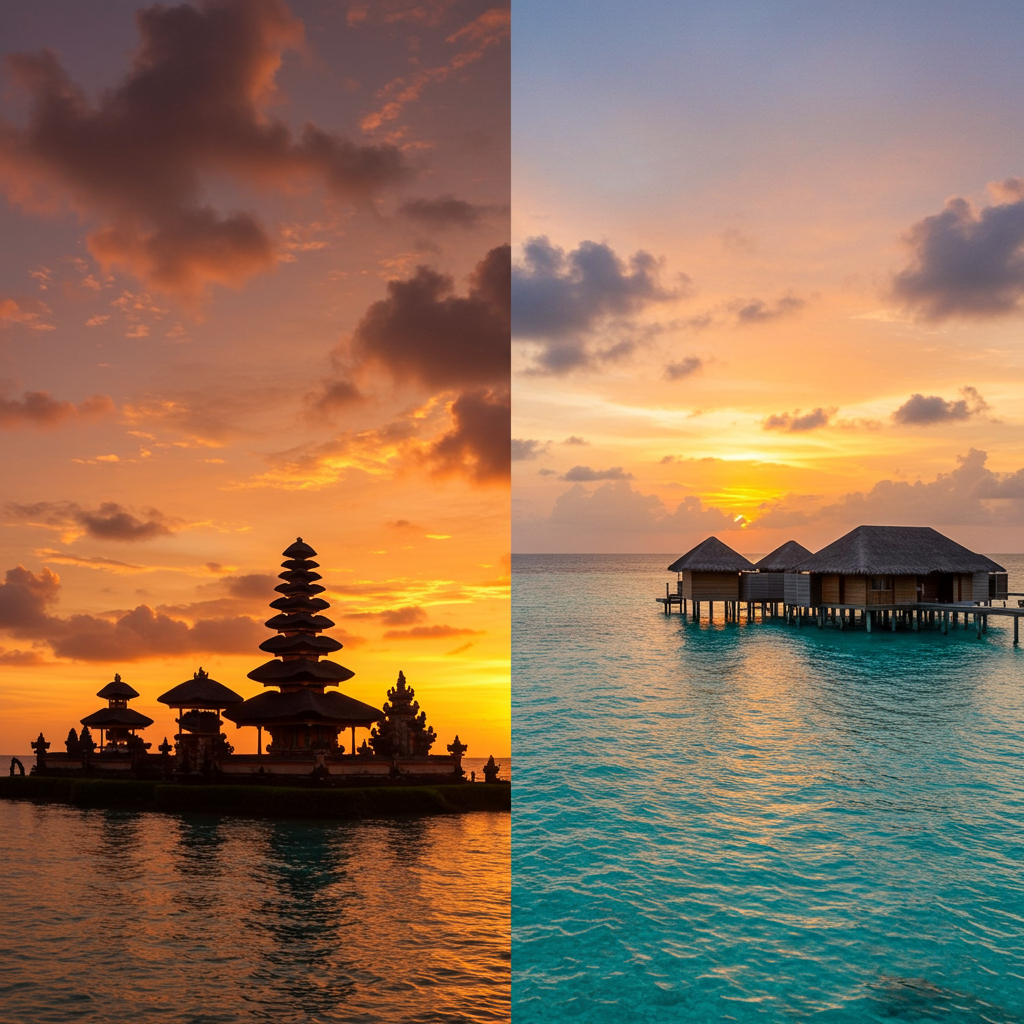 This picture depicts a split-view of Bali temple at sunset and Maldives over‑water bungalow to assess, is the Maldives better than Bali?
