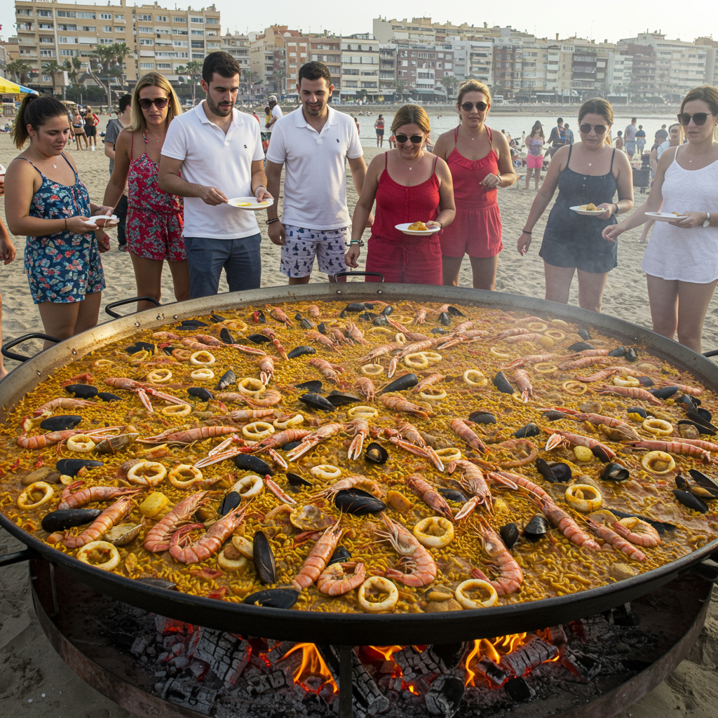 Picture depicts the best food to try in Spain – paella feast on Valencia beach