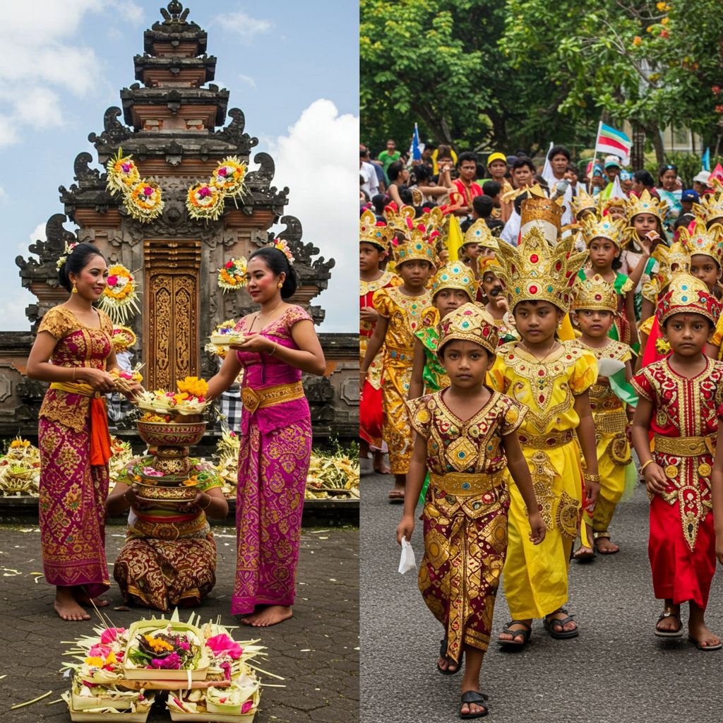 Balinese women in traditional temple dress during Galungan ceremony on one side; Maldivian children in parade costume celebrating Independence Day on the other.