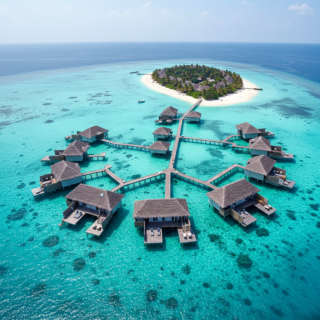 Aerial view of luxury overwater bungalows in the Maldives built on clear turquoise lagoon, bright sunny day, white sand island nearby.