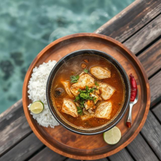 Overhead view of a steaming bowl of garudhiya (Maldivian fish broth), with a side of white rice, lime slices, and dried chilli on a wooden tray by the sea.