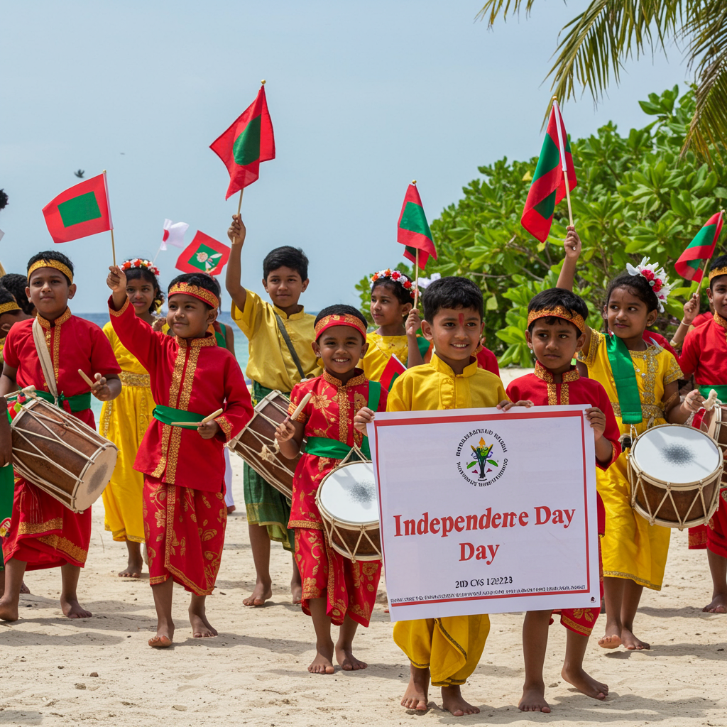 Children and young performers in traditional Maldivian dress marching in a bright Independence Day parade, waving national flags, banners and drums, cheerful island background.