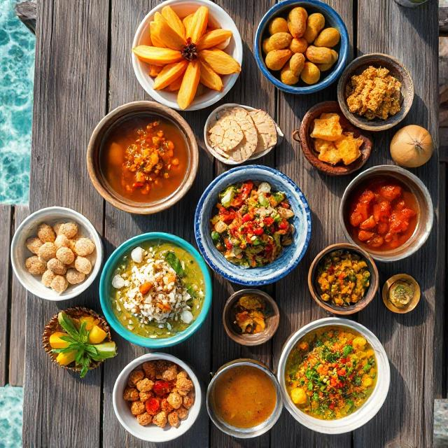 Overhead shot of a Food in Maldives feast: bowls of garudhiya, mas huni with roshi, gulha snacks, colourful curries and fresh fruit – served on a rustic wooden table by the ocean.
