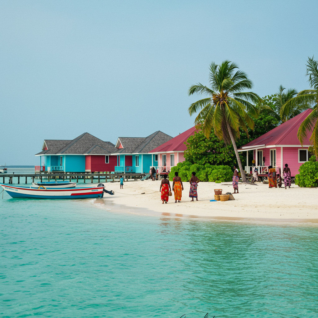 Local Maldivian island of Maafushi, colorful guesthouses, palm-lined beach, small boats docked by jetty, authentic island life vibe.