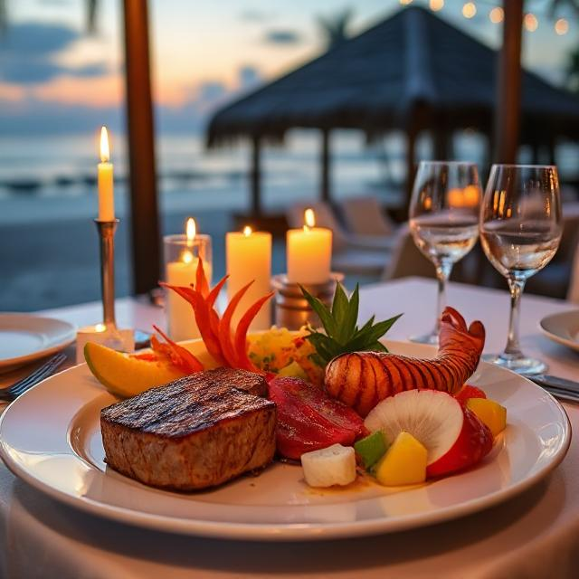 Luxury resort dining with seafood platter – premium food in Maldives.